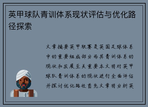 英甲球队青训体系现状评估与优化路径探索